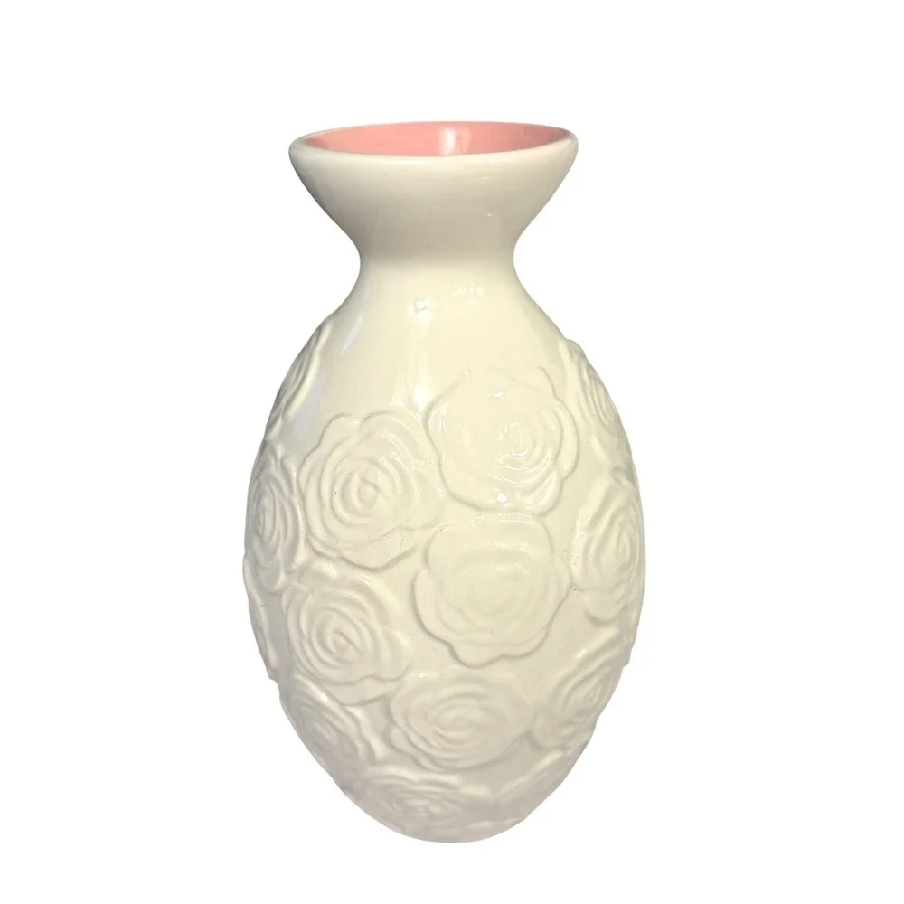Sandra Magsamen‎ Cream Embossed Rose Ceramic Vase Pink Interior Floral Decor